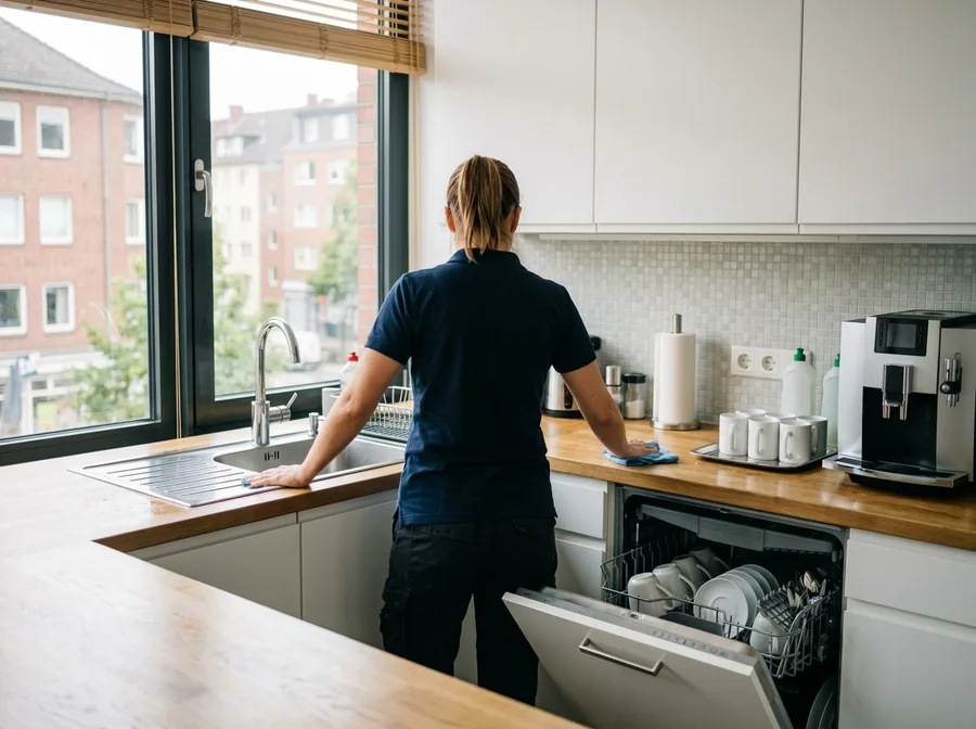 Reinigungskraft wischt die Arbeitsplatte in der Teeküche eines Büros