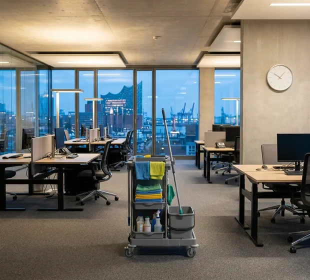 Reinigungswagen in einem leeren Büro am Abend