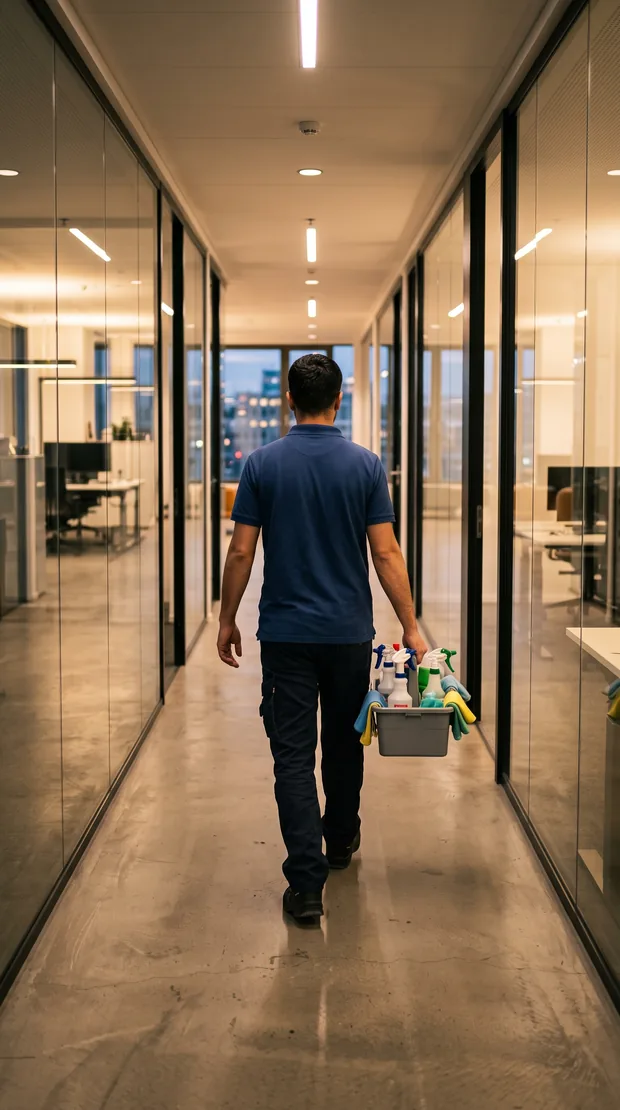 Reinigungskraft auf dem Weg durch einen Büroflur