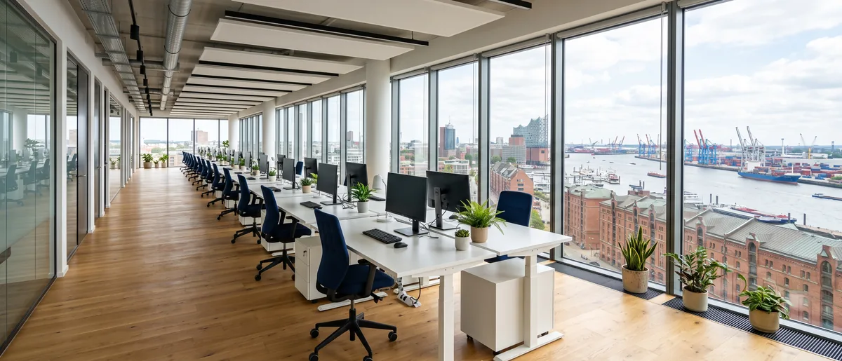 Arbeitsplätze an einer Fensterfront mit Blick auf den Hamburger Hafen
